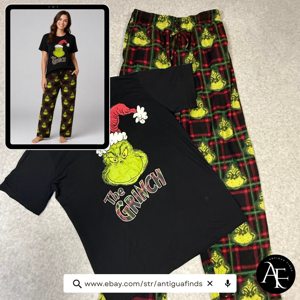 Dr. Seuss The Grinch Mens Pajama Set Size M Black Plaid Fleece Pants T-Shirt